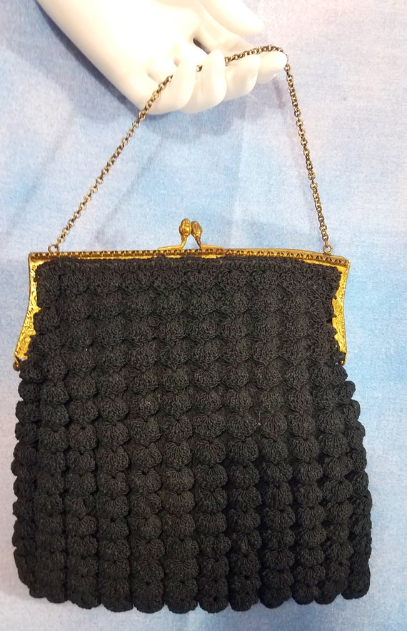 Vintage 1930s Black Gimp Cordet Crochet Handbag With Ornate Gold