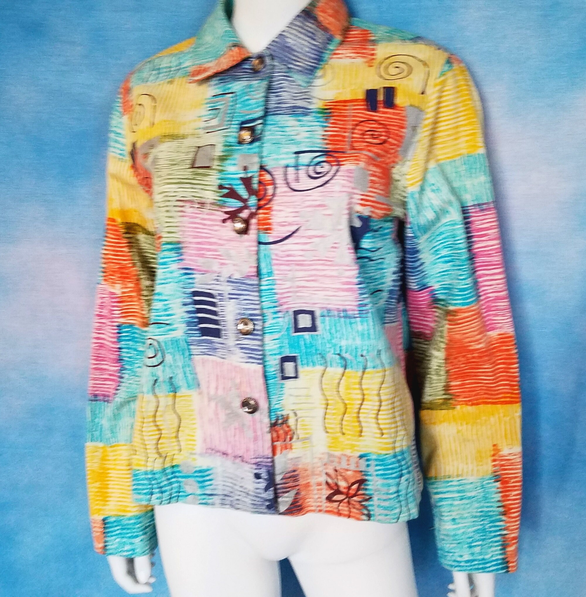 Vintage 90s Colorful Abstract Hand Painted Jacket - Color