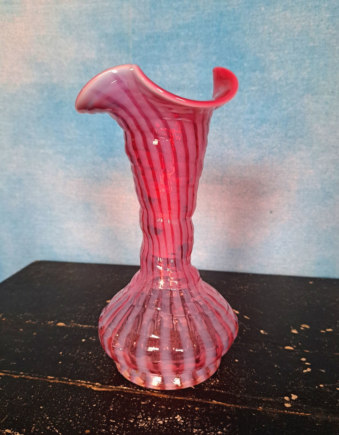 Vintage 1940s Fenton Opalescent Cranberry Spiral Swirl Striped