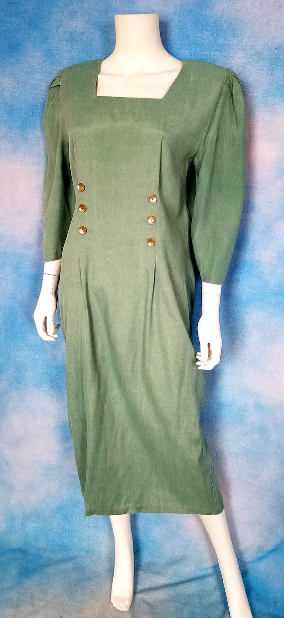 Vintage 80s Sage Green Double Breasted Maxi Dress,