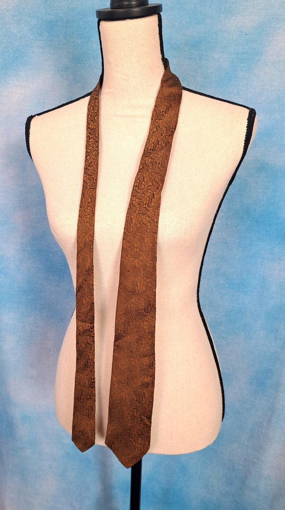 Vintage 60s Golden Brown Silk Skinny Narrow Tie w… - image 1