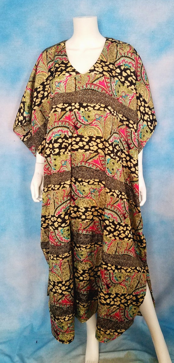 Vintage 80s or 90s Silky Poly Caftan, Paisley and 