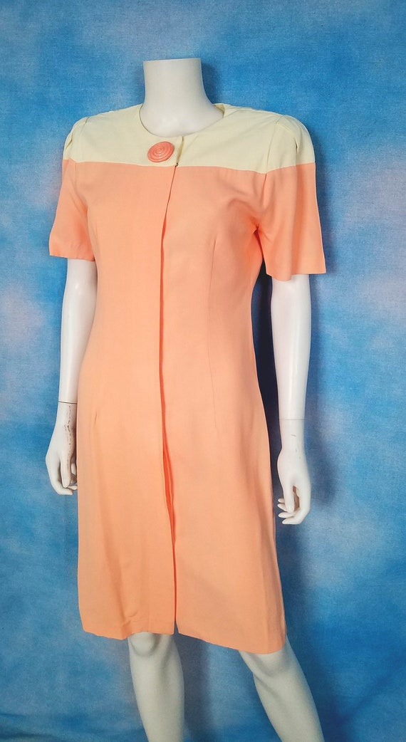 Vintage 80s Does 60s Pastel Coral Pink and White Color Block Grosgrain Sheath Dress with Giant Spiral Button/ Michael B Ltd Petites/ Size M Vintage 80s Does 60s Pastel Coral Pink and White Color Block Grosgrain Sheath Dress with Giant Spiral Button/ Michael B Ltd Petites/ Size M