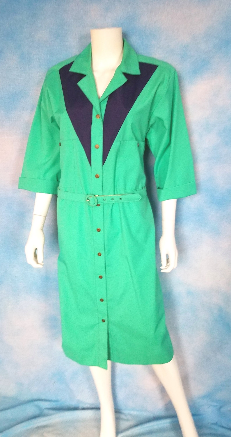 Vintage 80s Aqua and Navy Cotton Poly Western Belted Shift Shirt Dress with Cuffed Sleeves, Brass Buttons/ Willi of California/ Size 14 image 1