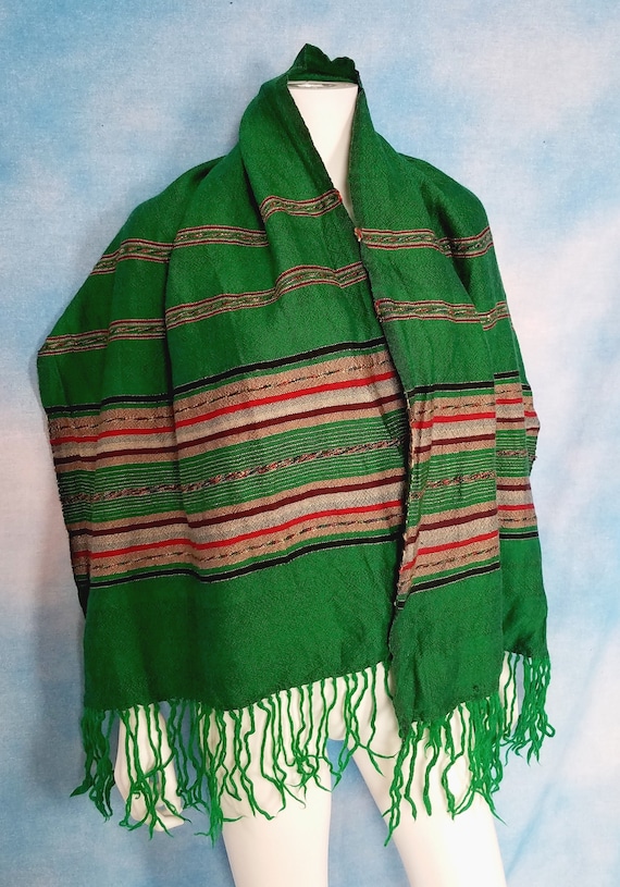 Vintage 80s or 90s Hand Woven Wool Fringed Scarf, 