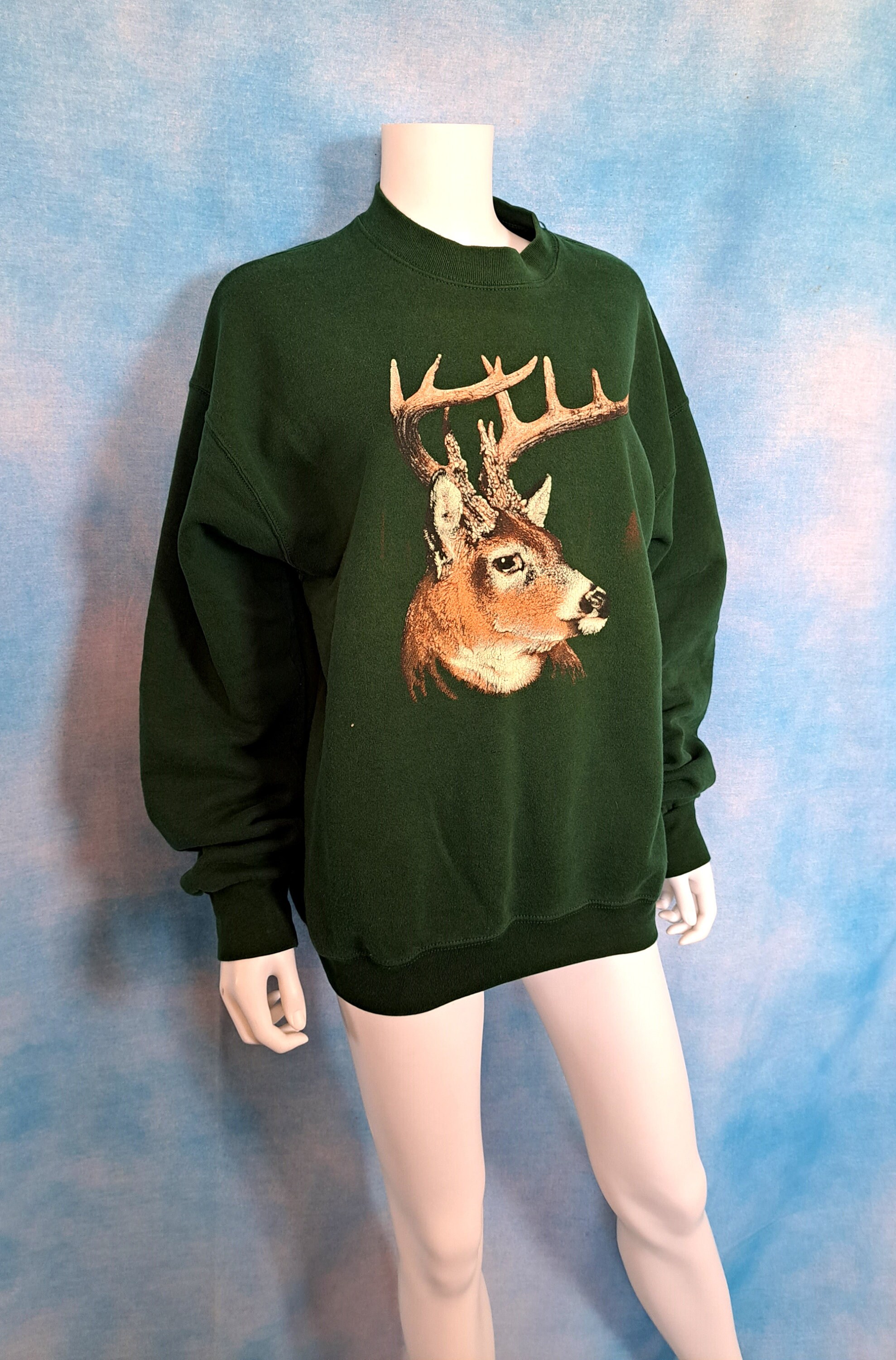 Vintage 90s Hunter Green Sweatshirt With Skeptical Buck Deer