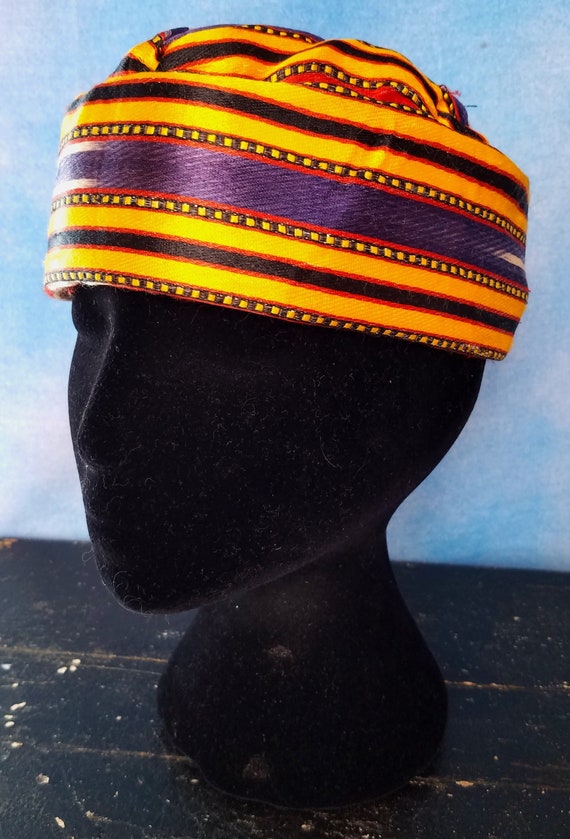 Vintage Colorful Striped Satin Asian? Skull Cap Smoking Cap