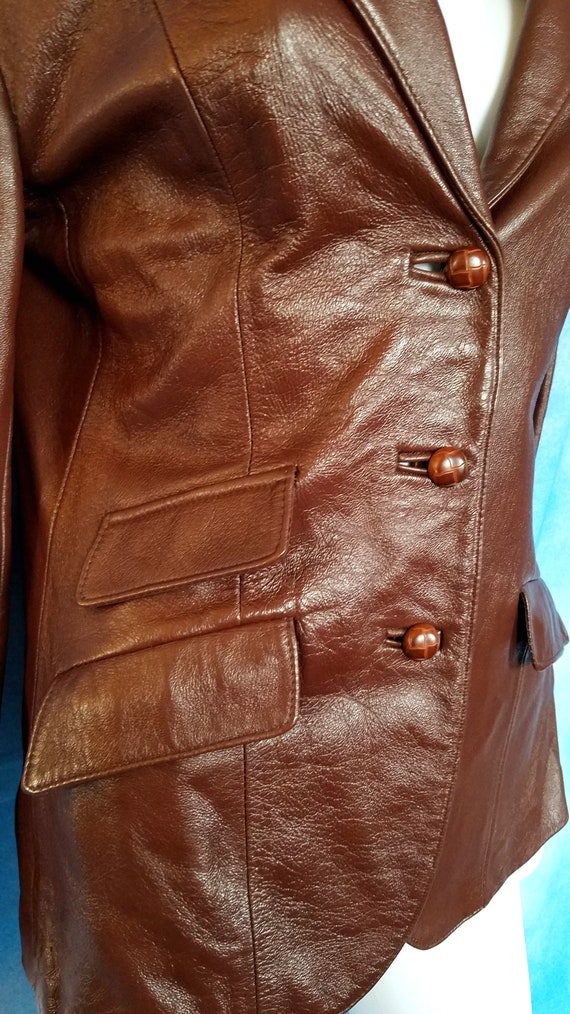 Vintage 70s Red-Brown Shiny Leather Blazer Jacket… - image 5