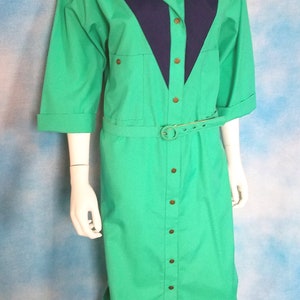 Vintage 80s Aqua and Navy Cotton Poly Western Belted Shift Shirt Dress with Cuffed Sleeves, Brass Buttons/ Willi of California/ Size 14 image 2