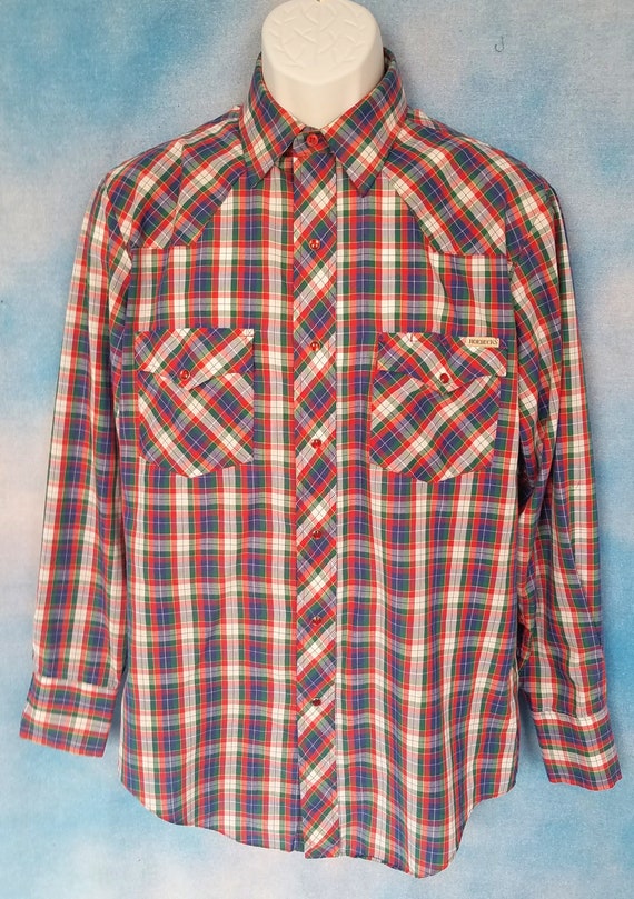 Vintage 90s Mens Colorful Western Mini Plaid Snap 