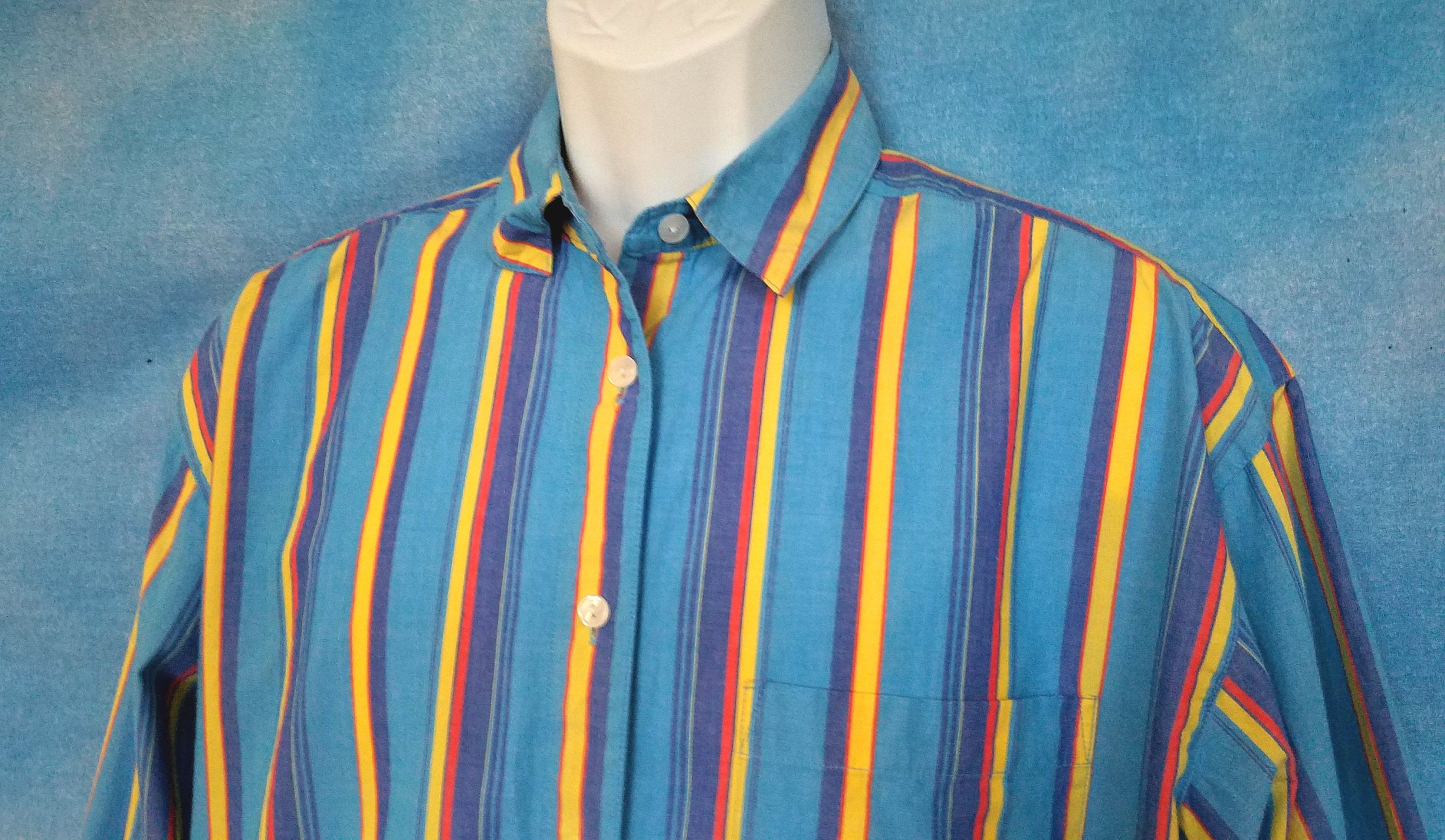 Vintage 80s Men's Colorful Striped Button Down Shirt/ Lagoon