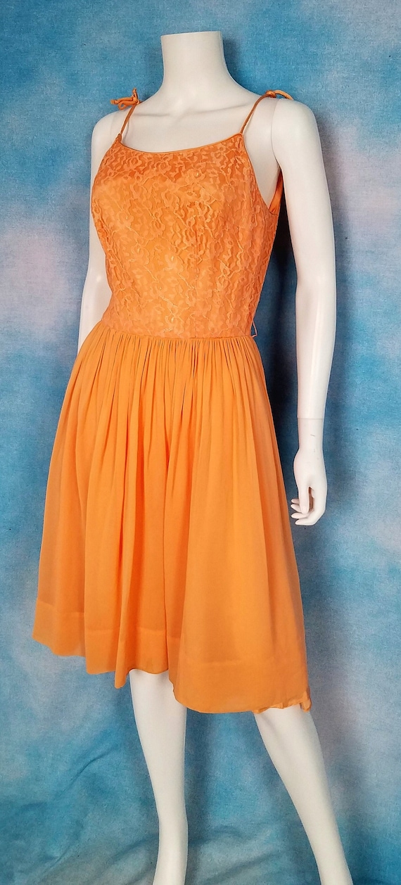 Vintage 1950s Peach Creamsicle Strappy Chantilly Lace and Crepe Chiffon Party Dress Sun Dress, Fit & Flare/ Size Xs (25" Waist)
