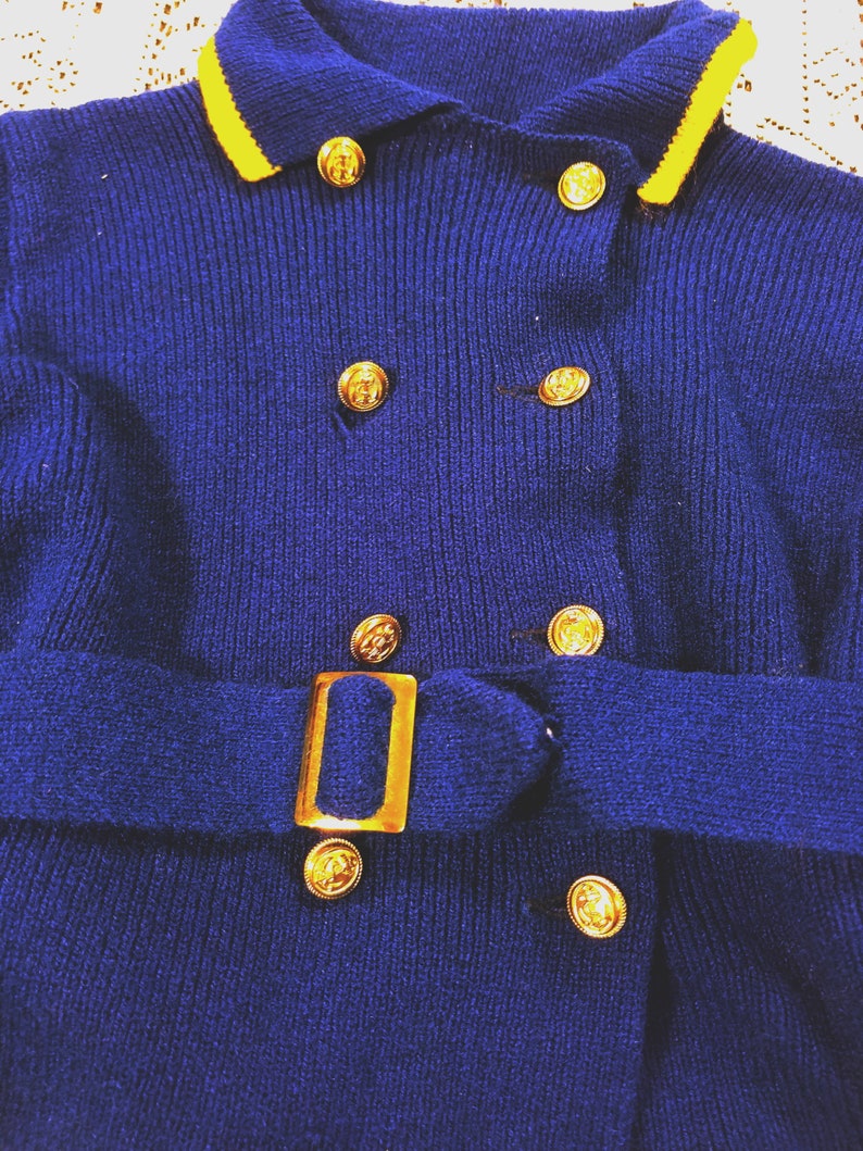 Vintage 60s Nautical Navy and Gold Double Breasted Toddler Cardigan with Belt Well Woolies Made in England Size 3T