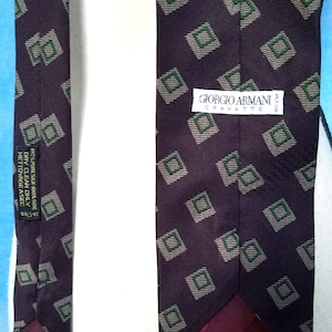 Vintage 90s Silk Necktie, Berry Brown with Beige and Green Geometric Diagonal Square Pattern/ Giorgio Armani