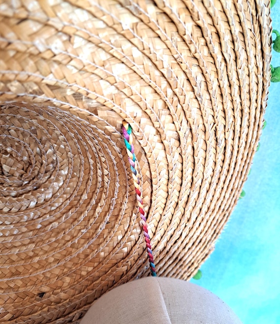 Vintage 90s Colorful Broad Brimmed Braided Straw Hat With 