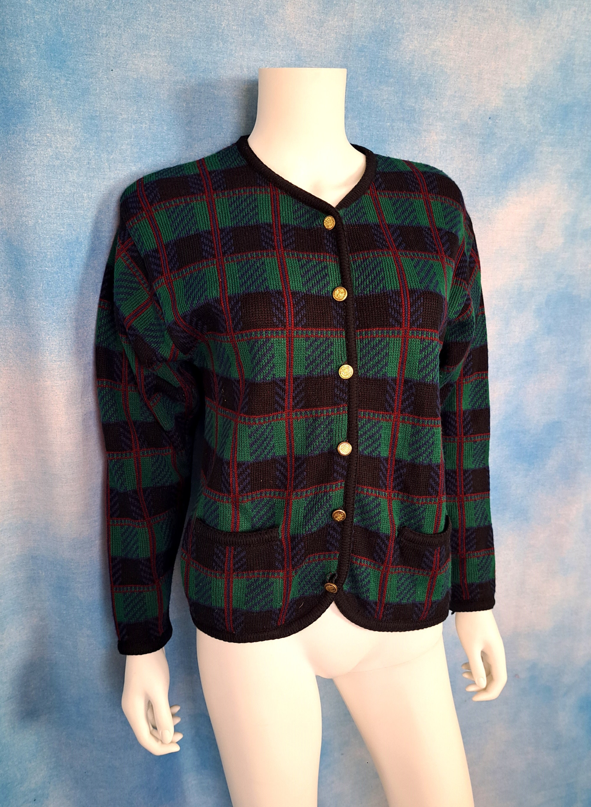 Vintage 80s or 90s Plaid Knit Cardigan Sweater, Green, Black, Blue