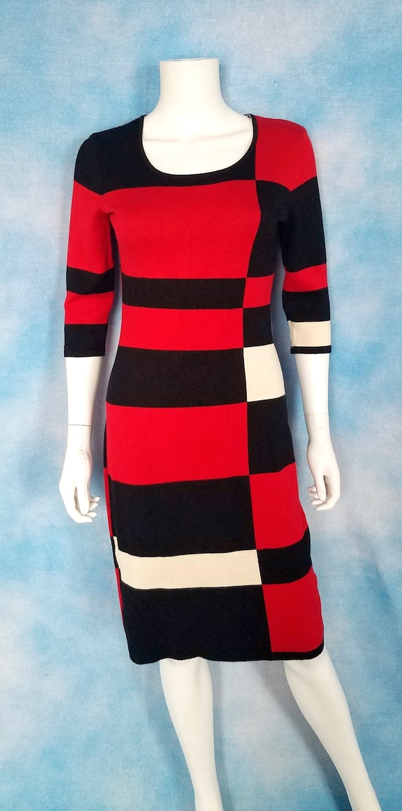 Vintage 90s Knit Bodycon Geometric Color Block Mo… - image 1