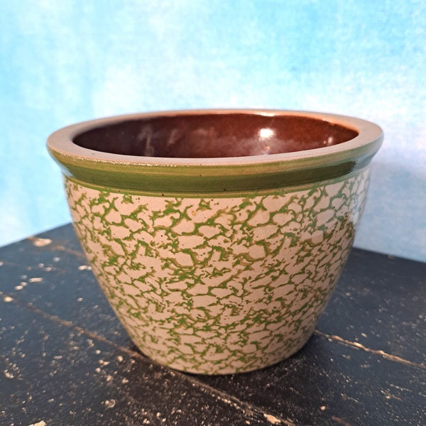 Vintage 1998 Roseville Robinson Ransbottom Pottery Crock, Green Spongeware, Indoor Planter Plant Pot