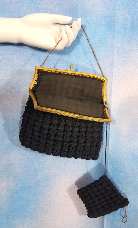 Vintage 1930s Black Gimp Cordet Crochet Handbag wi
