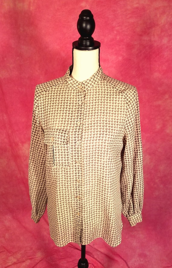 Vintage 70s Taupe Floursack Blouse with Brown and 