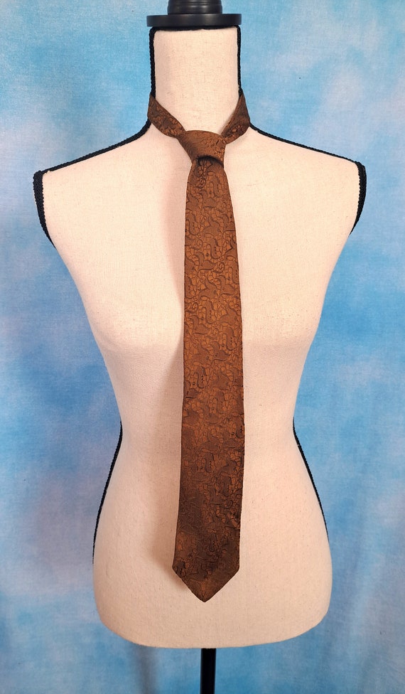Vintage 60s Golden Brown Silk Skinny Narrow Tie w… - image 9