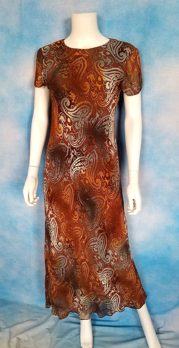 Vintage 90s Brown Sheer Lined Chiffon Maxi Dress w