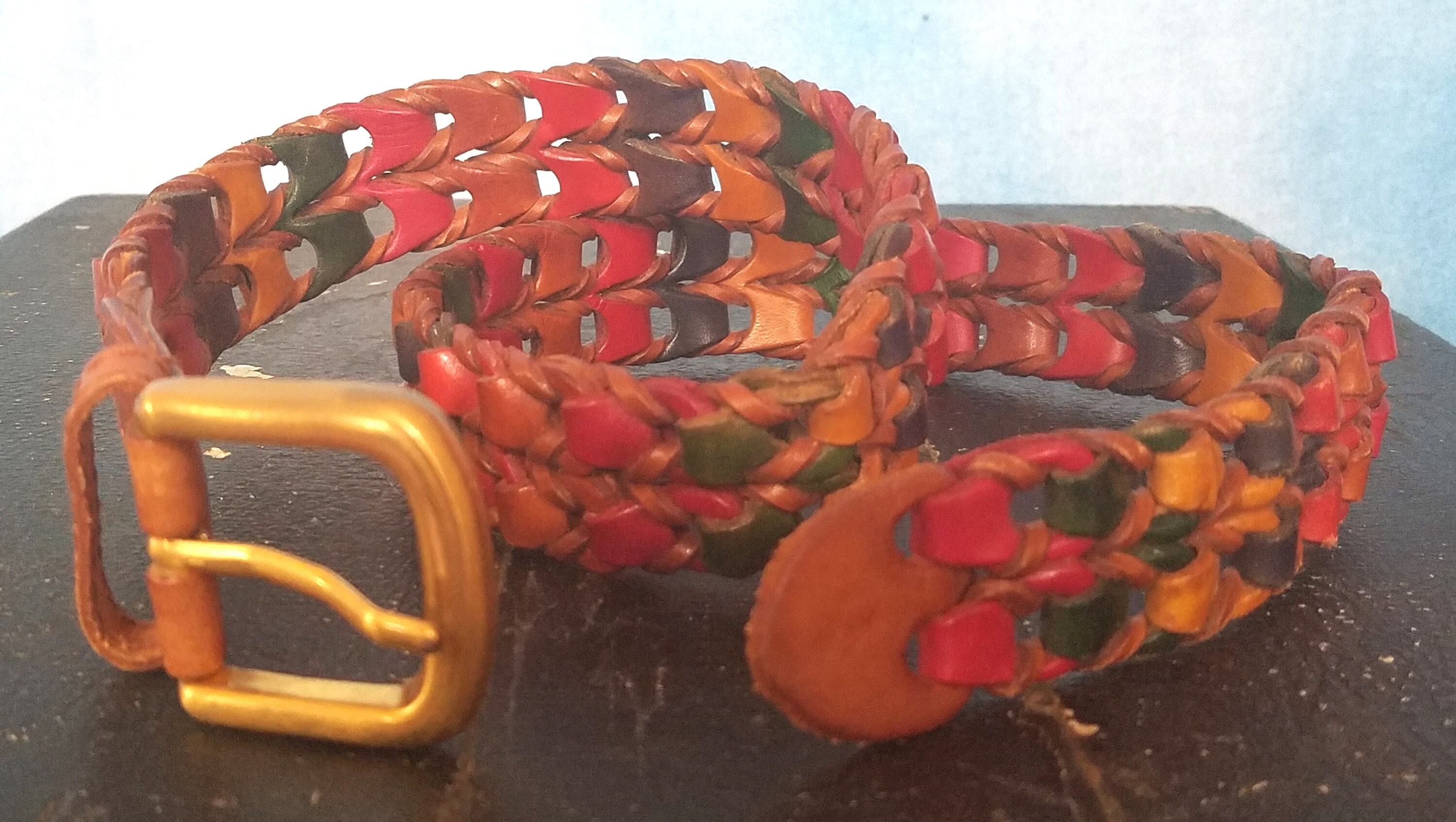 Vintage 80s or 90s Brown and Colorful Woven Leather Belt  display picture 2