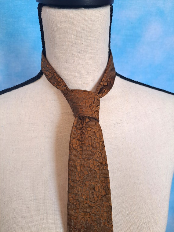 Vintage 60s Golden Brown Silk Skinny Narrow Tie w… - image 2