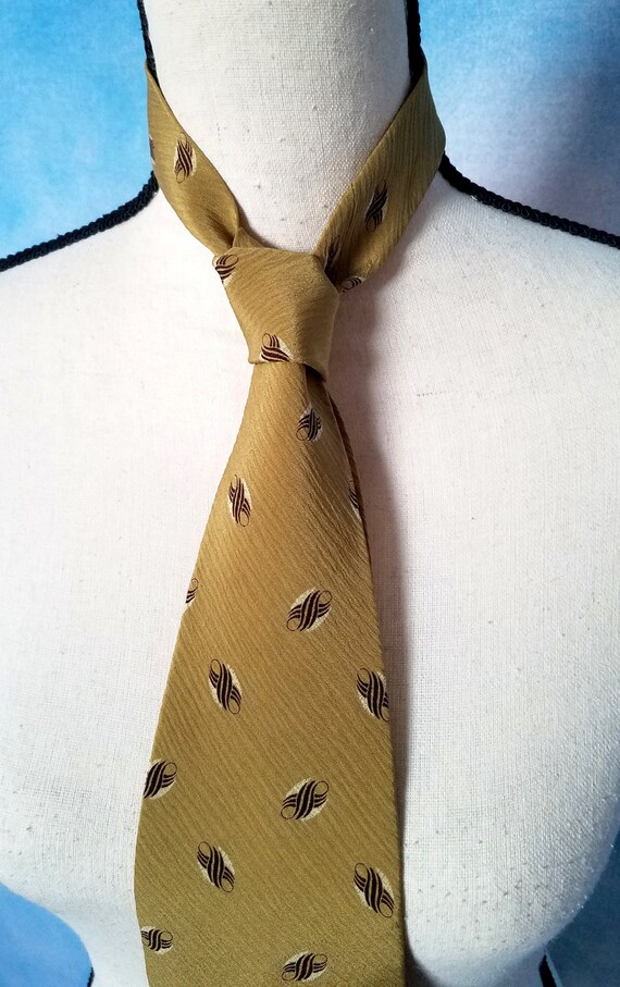 Vintage 90s Silk Necktie, Dusty Gold Crepe with B… - image 2