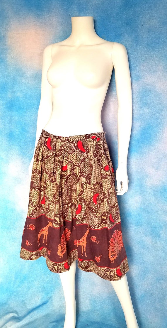 Vintage 70s Cotton Midi Skirt, Batik Like Ornate … - image 1