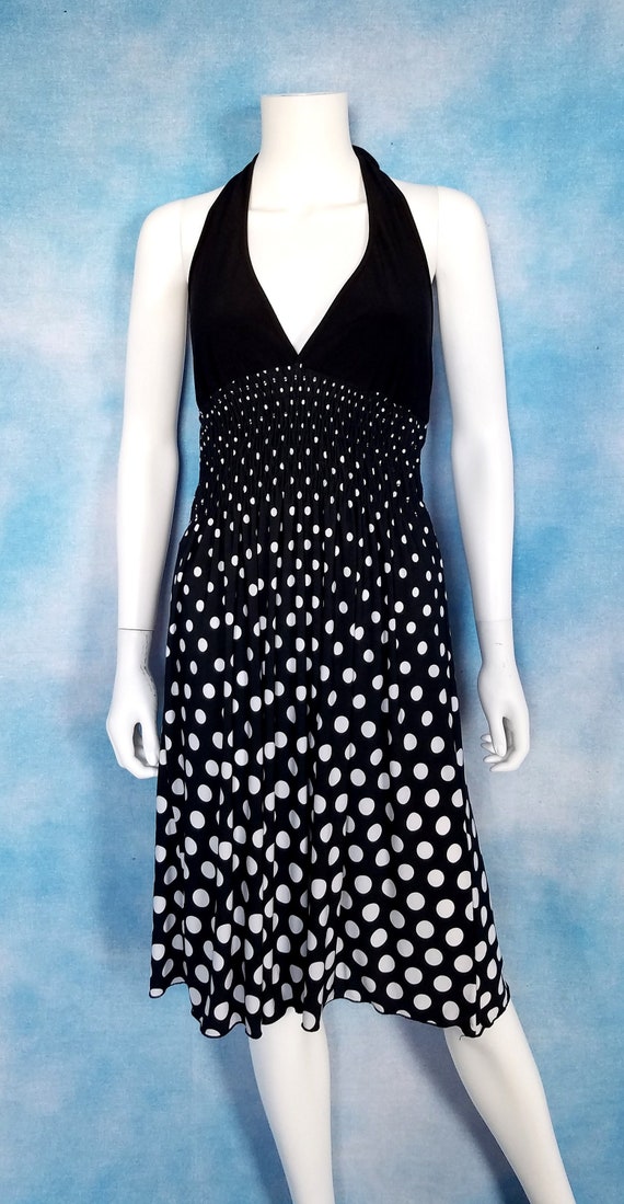 Vintage 90s Silky Stretch Spandex Poly Black and White Polka Dot Halter Dress With Ruched Empire Waist Body Central Size M Etsy UK
