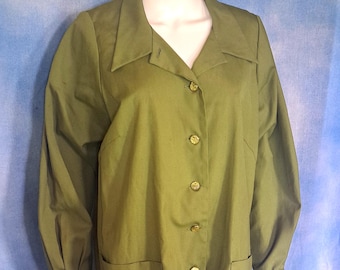 Vinage 60s-70s Moss Green Shacket Blazer Smock, Notched Collar, Patch Pockets, Gold Glitter Buttons/ Size XL