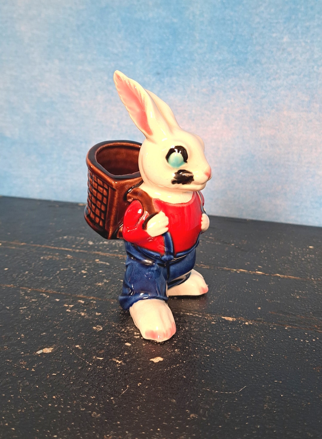 Vintage 60s White Porcelain Rabbit Figurine Wearing Red Shirt and Blue ...