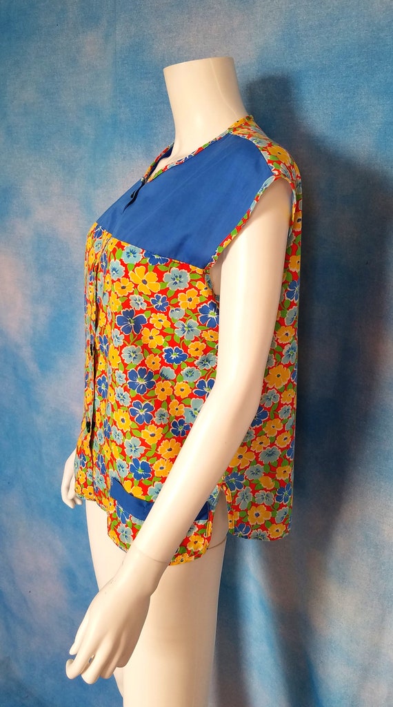 Vintage 60s Color Block and Floral Calico Blue, Y… - image 8