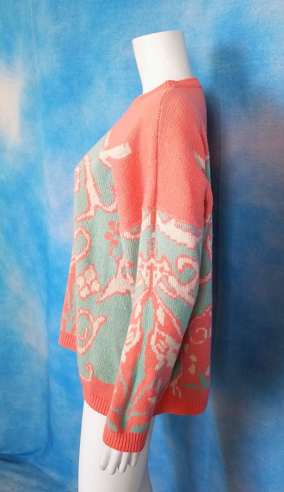 Vintage 80s Coral, Aqua and White Pastel Graphic … - image 7