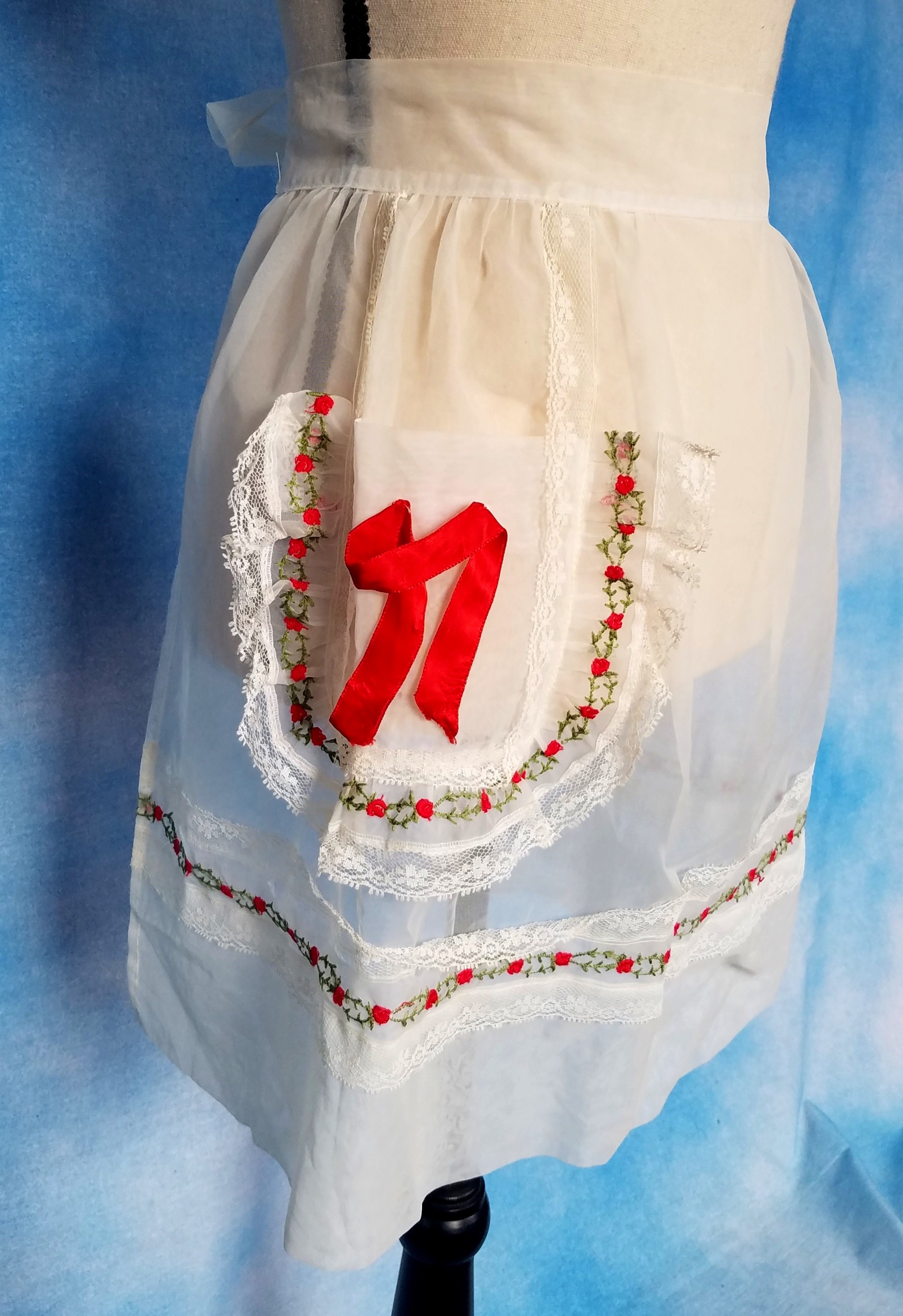 Vintage 1950s 1960s Ivory White Sheer Lace Half Apron Vintage 50s or 60s White Sheer Nylon Chiffon Organza Half  main image 4