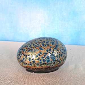 Vintage Kashmiri Hand Painted Blue and Gold Floral Lacquered Paper Mache Egg Shaped Trinket Box/ 4” x 2.75”