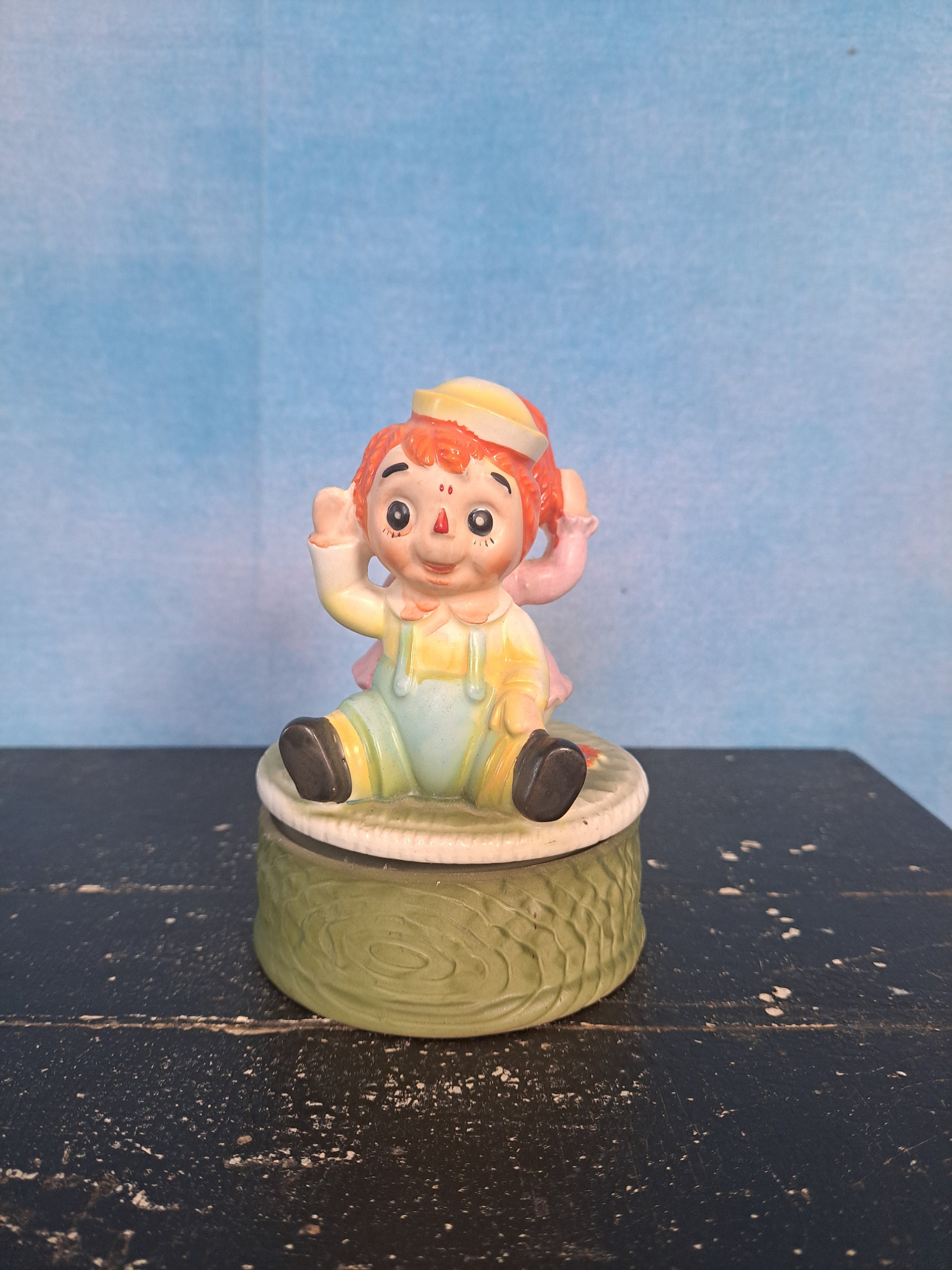 Vintage 70s Porcelain Rotating Musical Statue, Baby Raggedy