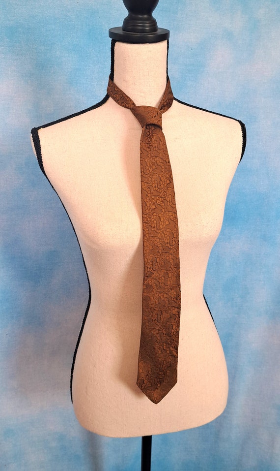 Vintage 60s Golden Brown Silk Skinny Narrow Tie w… - image 8