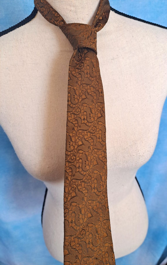Vintage 60s Golden Brown Silk Skinny Narrow Tie w… - image 10