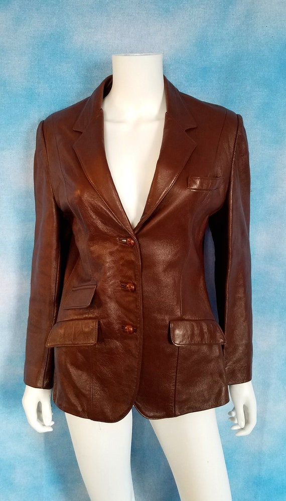 Vintage 70s Red-Brown Shiny Leather Blazer Jacket… - image 2