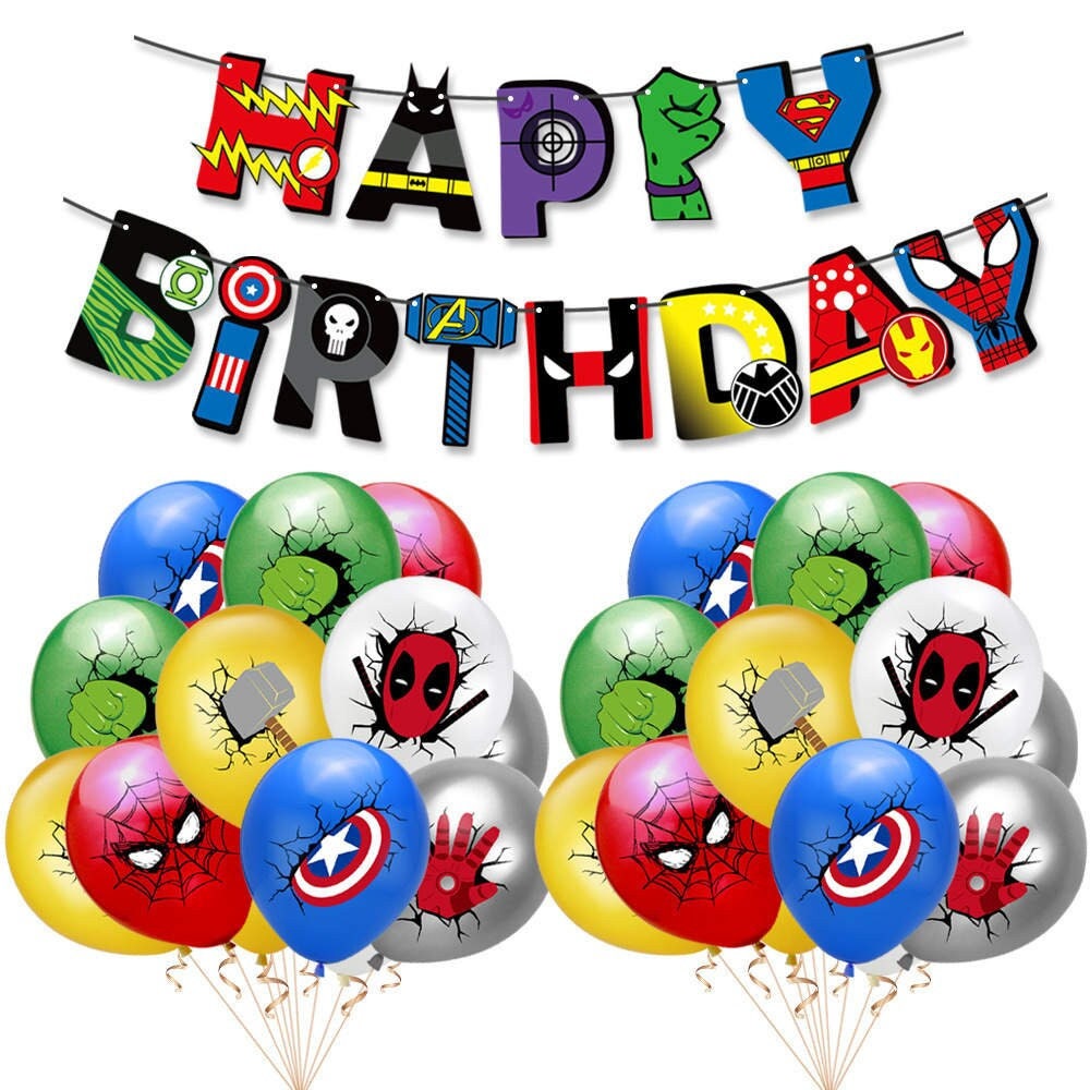  Decoraciones de fiesta de araña, regalos de cumpleaños:  pancarta de feliz cumpleaños de araña, globos de látex de aluminio, adornos  para cupcakes, calcomanías, suministros de fiesta de cumpleaños de  superhéroes.. 