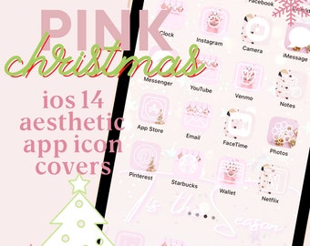 Pink Christmas iOS 14 App Icon Covers + FREE MATCHING WALLPAPER