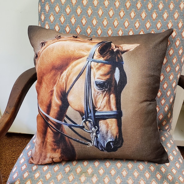 Horse Pillow Cover, Horse Throw Pillow Case, Horse Cushion, Animal Print Pillow Top, Equestrian Cushion  18"x18"