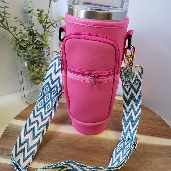 Stanley 40 oz Tumbler Cover Sleeve l Travel Carrier with Phone Pouch with Charm and Custom Strap  l Hot Pink Bottle Holder