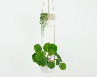 SARA DUO / Handmade Hanging Planter, Indoor Ceramic Flower Pot, Cork Macrame Plant Hanger, Succulent & Plant Lover Gift