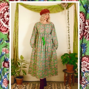 Boho Indian Block Print Cotton Maxi Prairie Dress. Cottage Core. Oversized. Pockets. Long Bell Sleeve. Adjustable Waist.