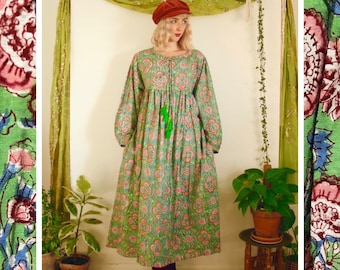 Boho Indian Block Print Cotton Maxi Prairie Dress. Cottage Core. Oversized. Pockets. Long Bell Sleeve. Adjustable Waist.