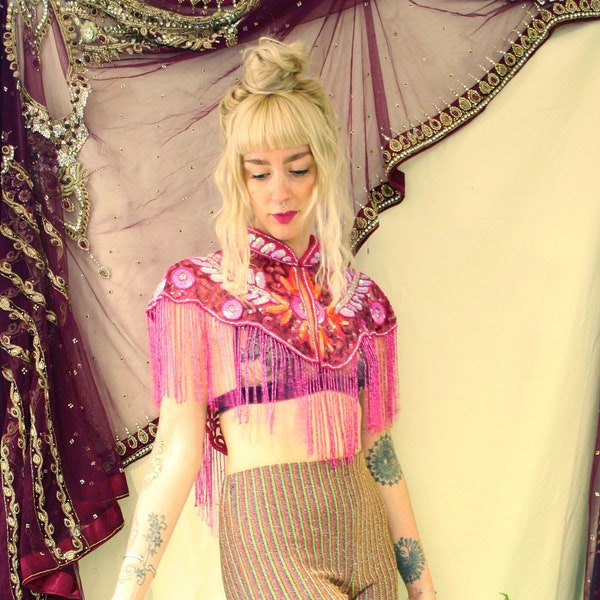 Boho Hippie Vintage 70's Style Sequin Cape Collar. Party Disco Outfit. Hand Beadwork. Wedding Accessory. Festival Outfit. Beaded Tassels.