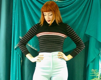 Vintage 70s Black Striped Poloneck. Turtleneck. Wool. Pullover. Jumper. Retro.